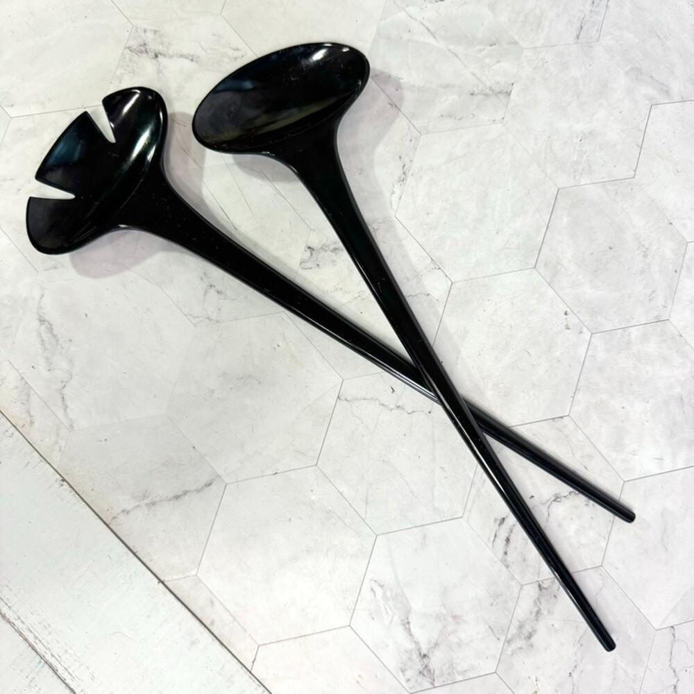 Set of Ikea Salad Tongs Fork & Spoon Serving Utensils Black Plastic 12.5" Retro